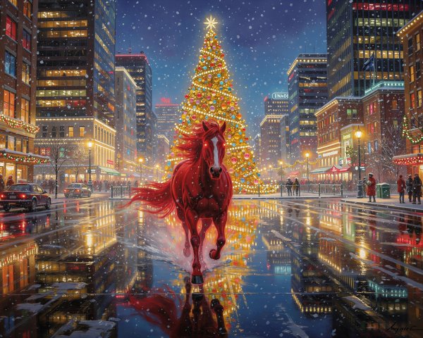 Red horse galloping through a decorated city street