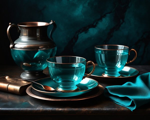 Elegant tea setting with teal cups and copper accents