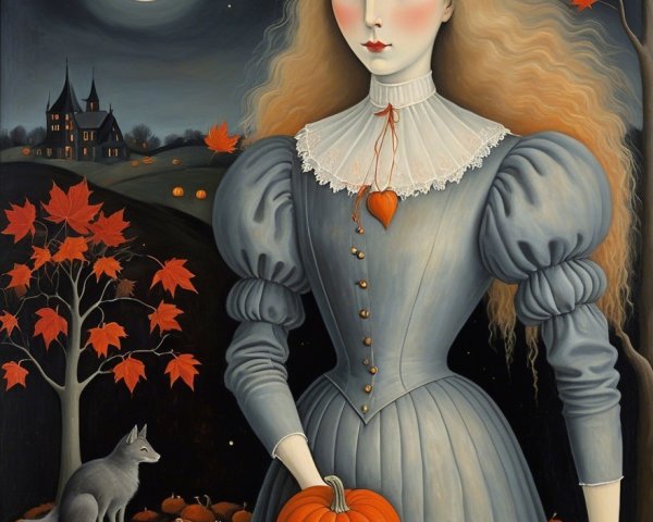 Pale Woman in Gray Dress with Pumpkin in Moonlit Scene