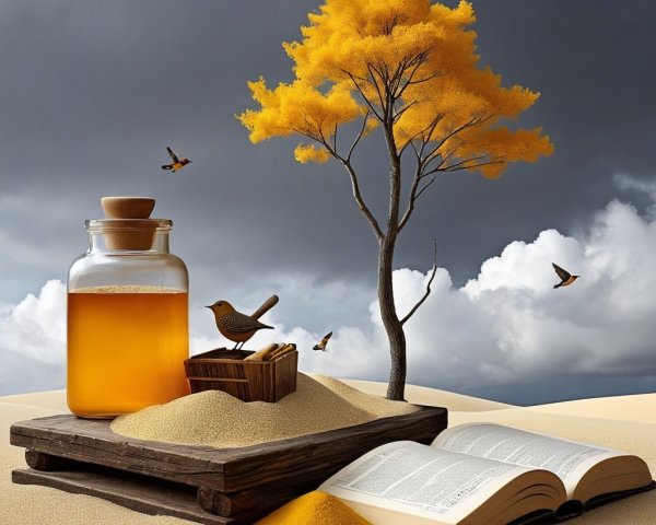 Desert Scene with Tree, Honey Jar, and Open Book