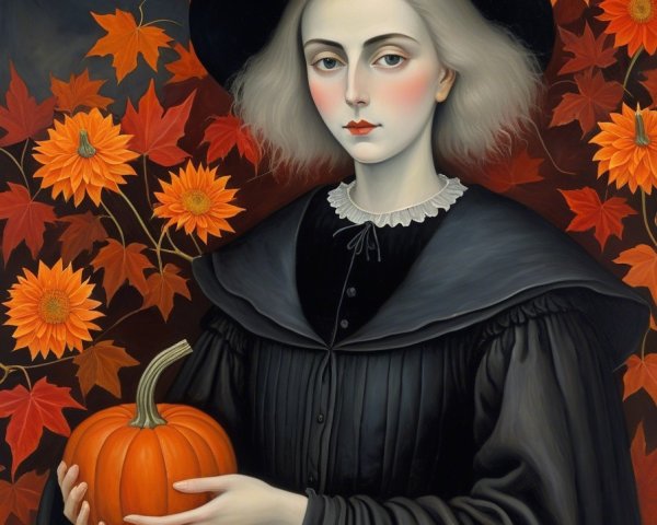 Pale Woman in Dark Outfit with Pumpkin and Moon
