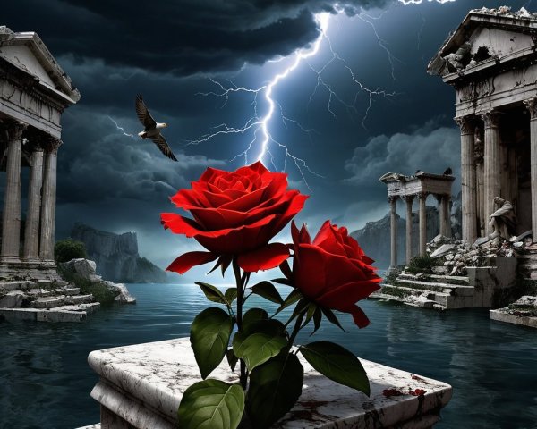 Vibrant Red Roses on Marble Pedestal Amid Turbulent Sea