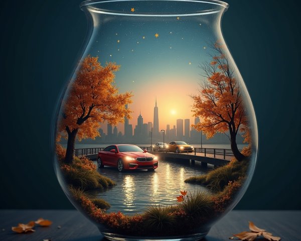Whimsical Waterfront Scene in a Glass Vase