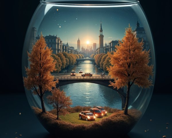 Miniature City Scene in Glass Bowl at Dusk