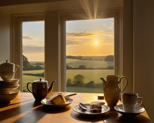 Cozy Breakfast Setting with Scenic Sunrise View