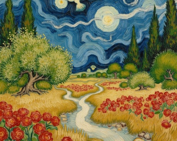 Vibrant Landscape with Hills, River, and Night Sky