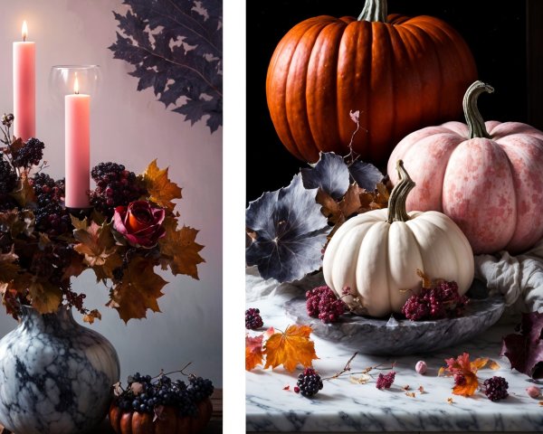 Autumn Arrangement with Vases, Candles, and Pumpkins