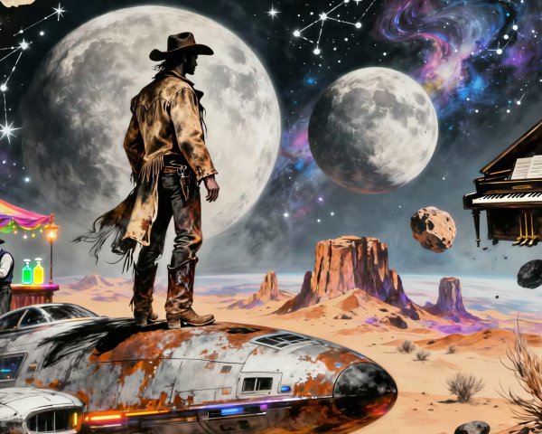Retrofuturistic Cowboy Scene in Cosmic Desert Landscape