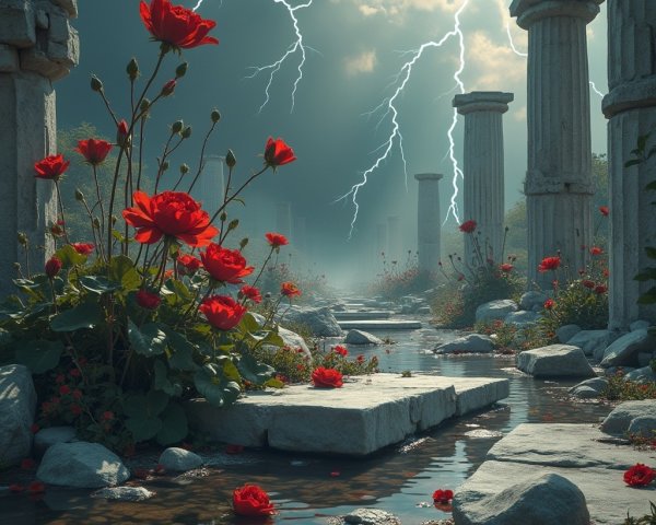 Ancient Columns and Roses Under Stormy Sky