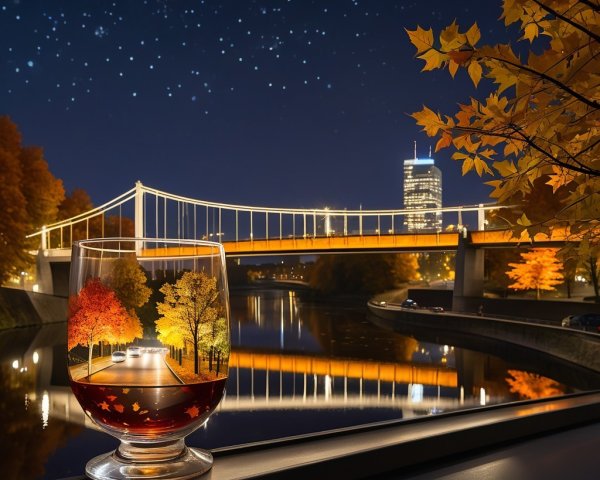 Serene Glass on Windowsill with Autumn River View