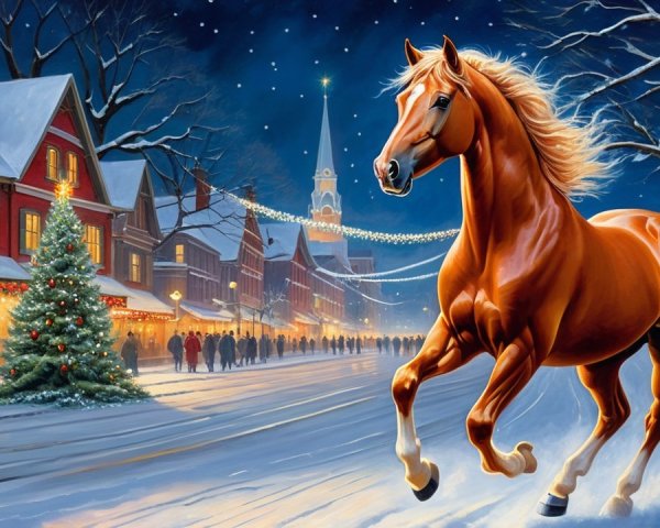 Sorrel horse galloping in a snowy decorated town
