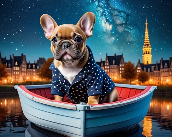 French Bulldog in Boat with Cityscape at Night