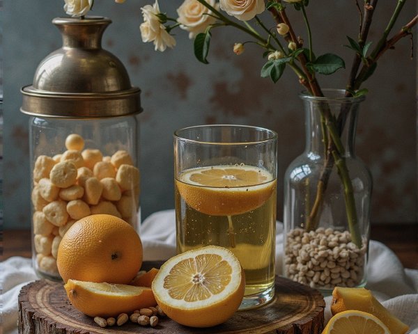 Still Life of Lemon Drink and Fresh Lemons Arrangement