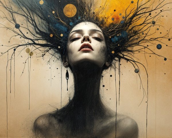 A serene young woman with unique hair and makeup features