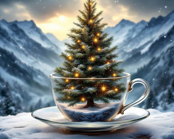 Christmas Tree in Glass Teacup on Snowy Surface