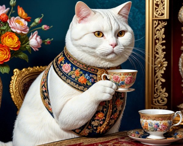 Elegant White Cat in Floral Vest with Teacup