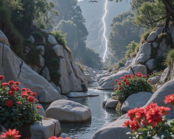 Serene Landscape with River, Boulders, and Lightning