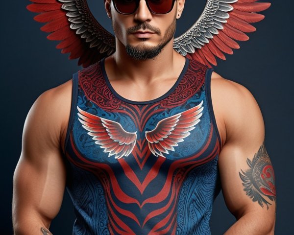 Muscular Man in Red Beret with Dramatic Wings