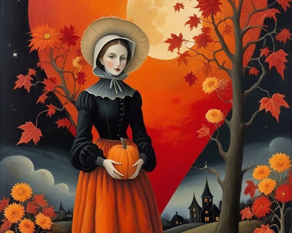 Whimsical Halloween Scene with Woman and Pumpkins