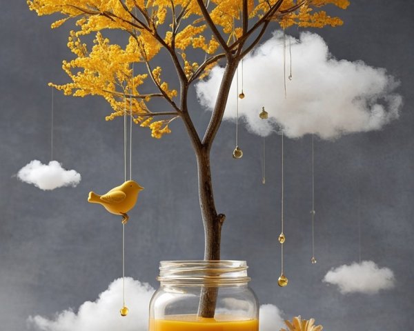Whimsical Scene with Yellow Tree and Honey Juice