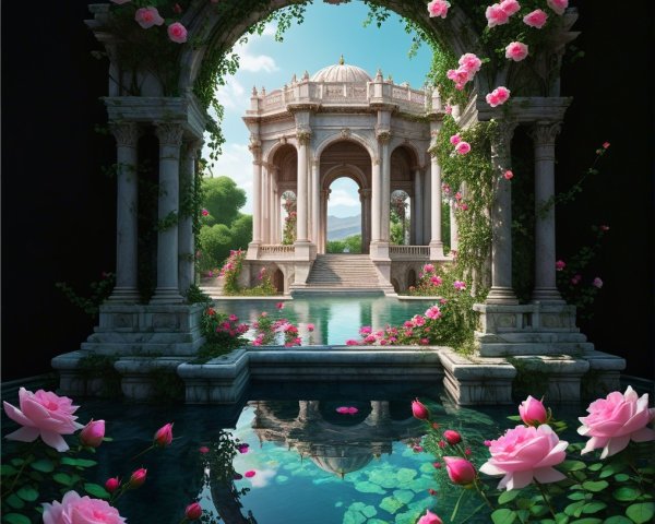 Ornate stone archway with roses and tranquil water