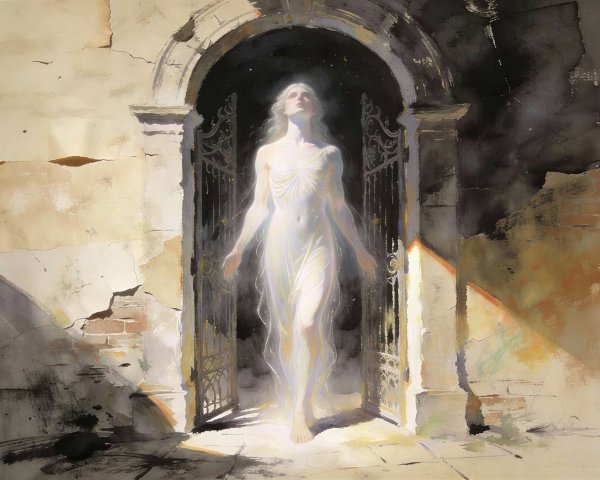 Ethereal Figure in Translucent Gown at Dark Gateway