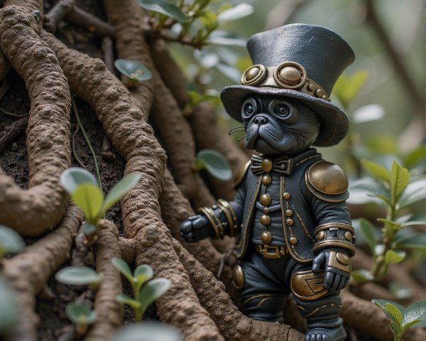 Steampunk Cat in Suit Amidst Lush Greenery