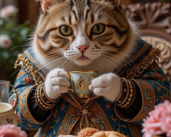 Regal Cat at Lavish Tea Table with Pastries and Roses