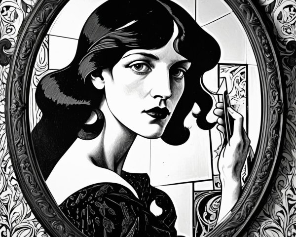 Black and white portrait of a woman with ornate border