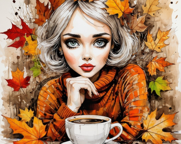Young woman in cozy sweater among autumn leaves