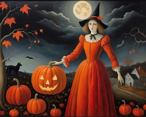 Witch in Orange Gown in Moonlit Pumpkin Scene