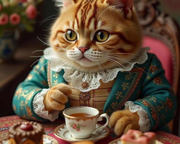 Regal Cat in Teal Jacket at Whimsical Tea Party