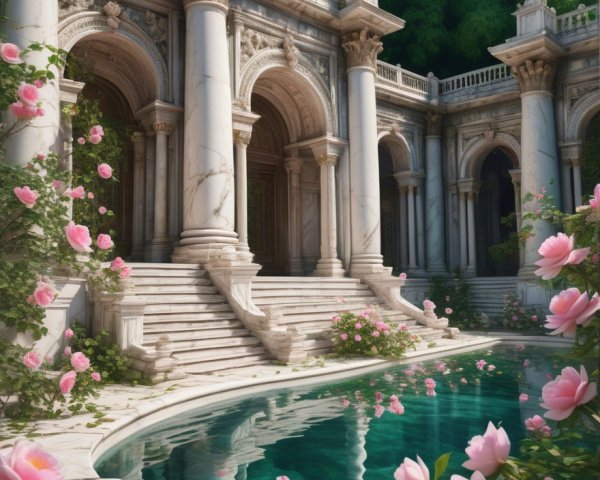 Serene Courtyard with Marble Architecture and Pool
