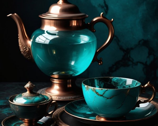 Elegant Bronze Tea Set with Turquoise Glass Accents