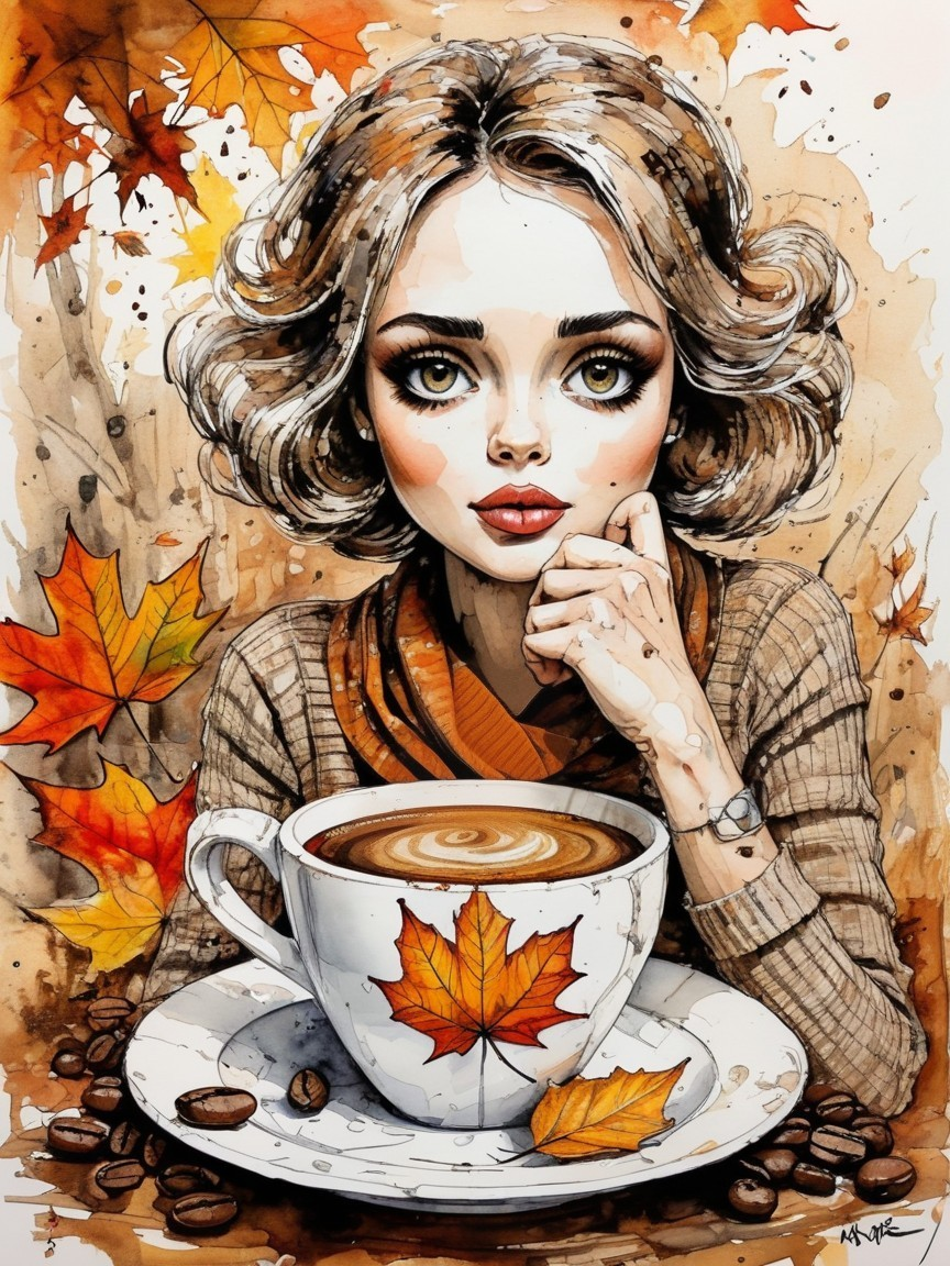 Whimsical Illustration of a Woman with Coffee in Autumn