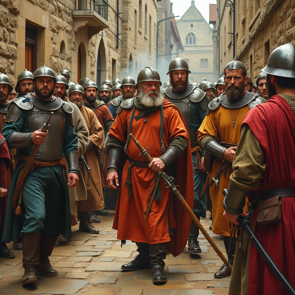 Medieval Soldiers in Cobblestone Street with Leader