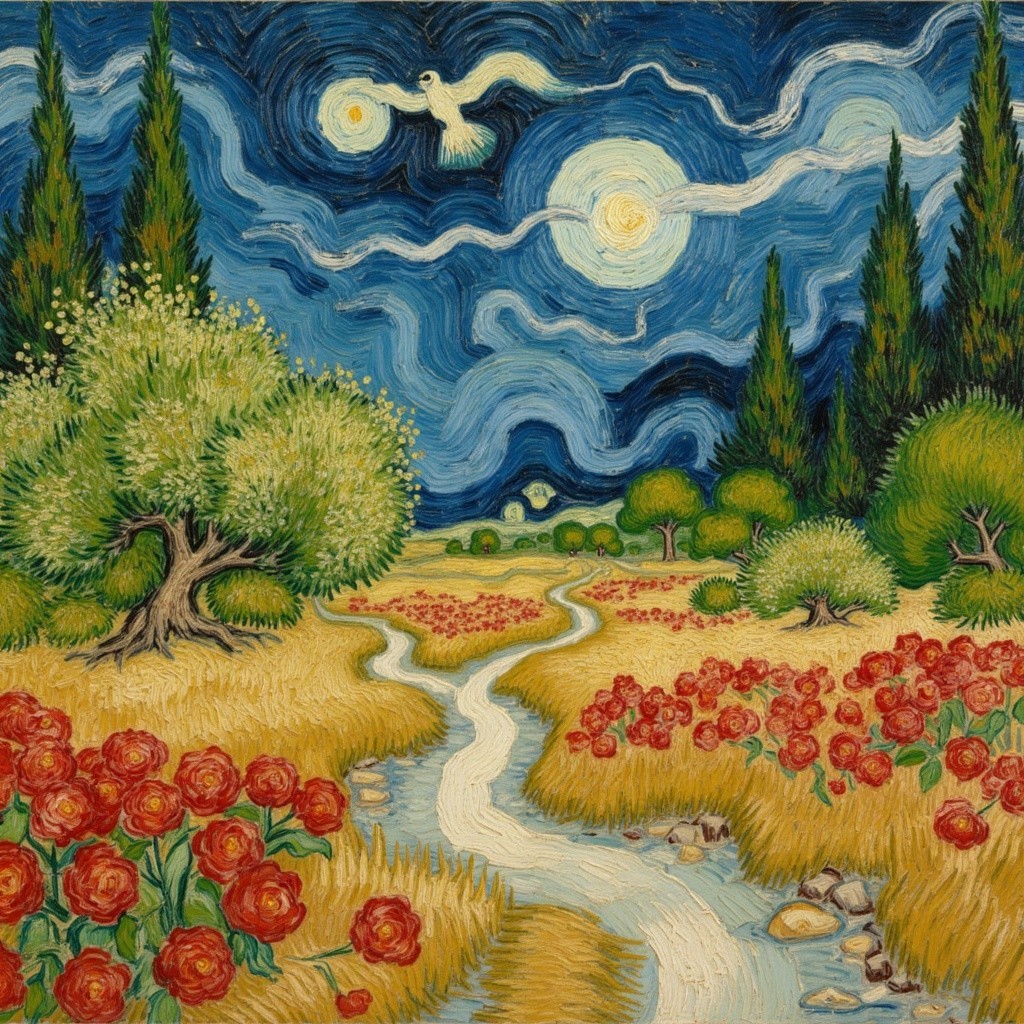 Vibrant Landscape with Hills, River, and Night Sky