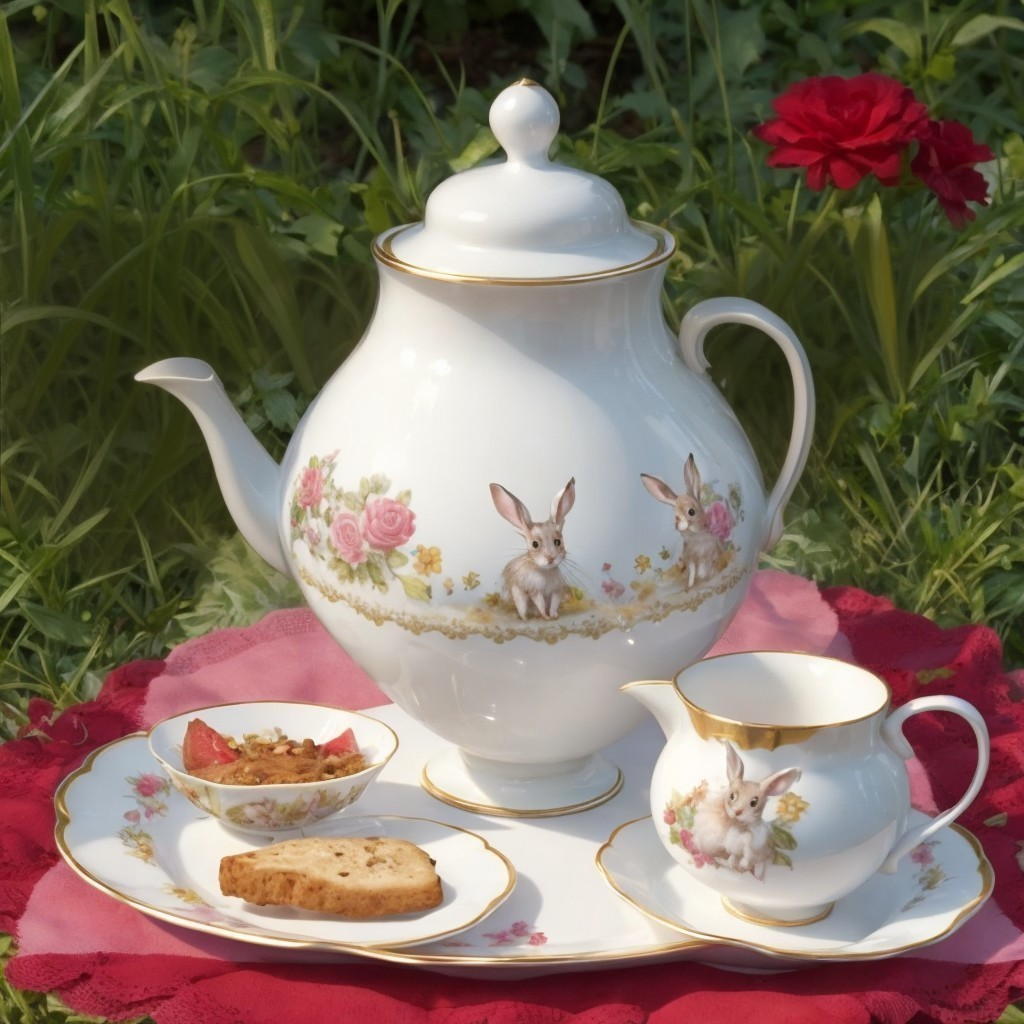 Charming Porcelain Tea Set with Rabbit and Floral Designs