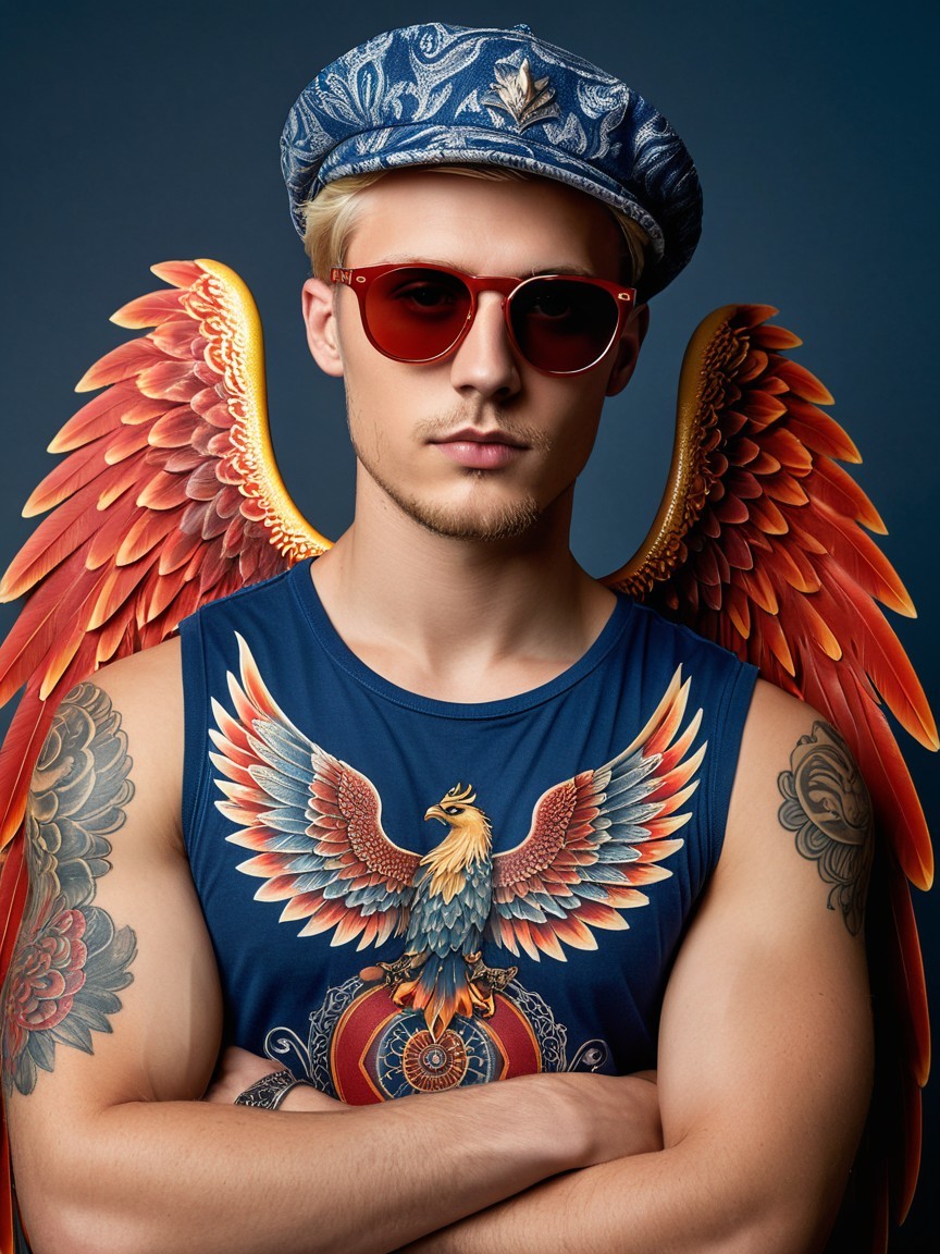 Stylish Young Man with Eagle Design and Bold Accessories