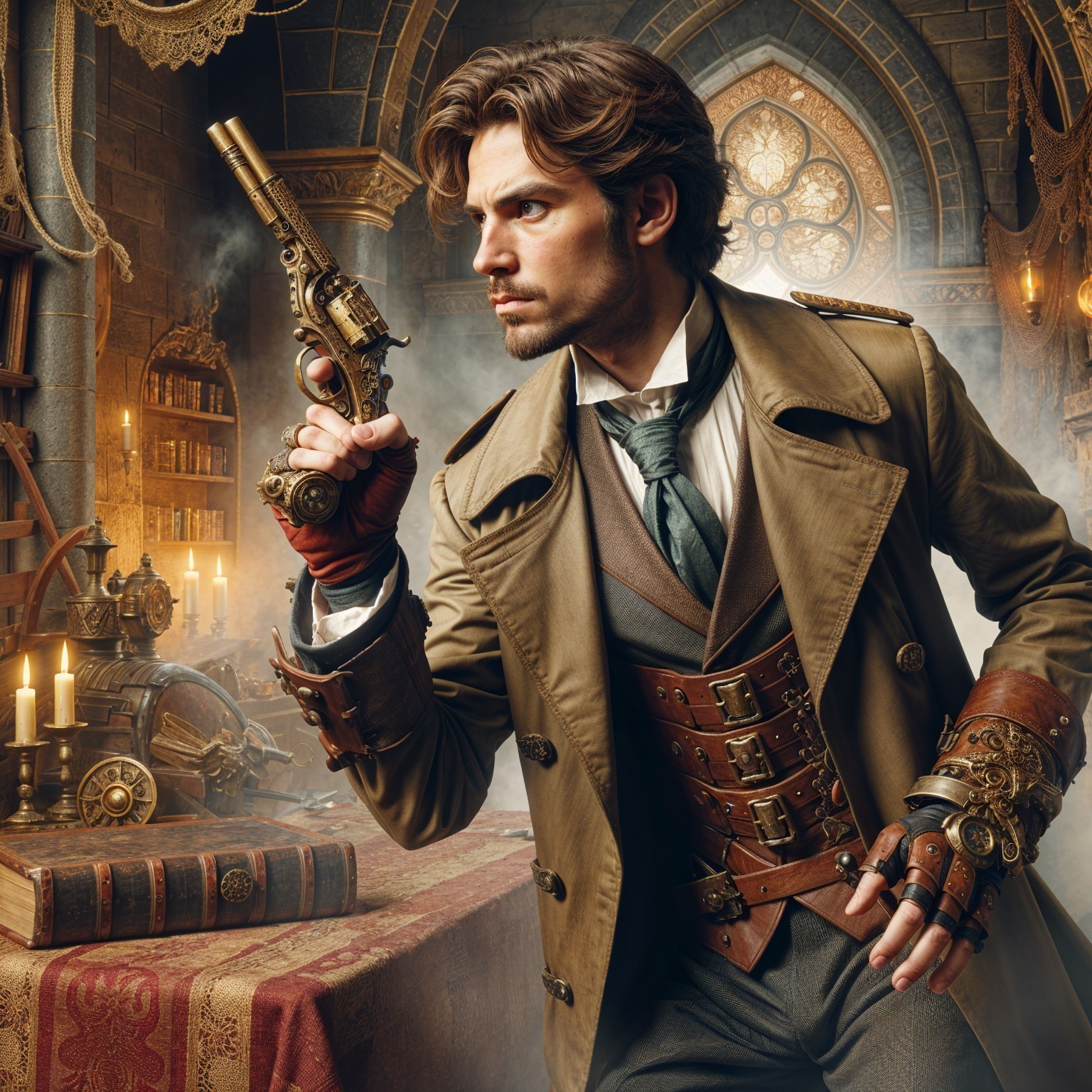 Steampunk Man with Ornate Pistol in Library Setting