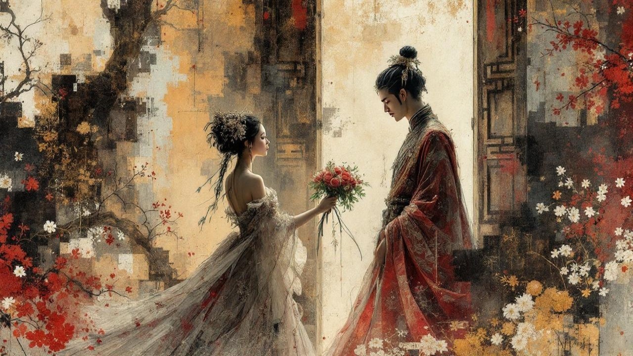 Romantic Scene of Woman with Flowers and Elegant Man