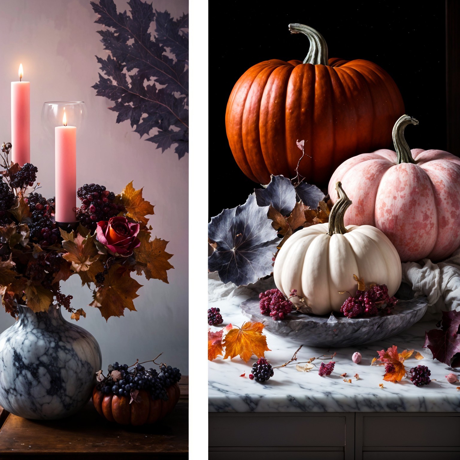 Autumn Arrangement with Vases, Candles, and Pumpkins