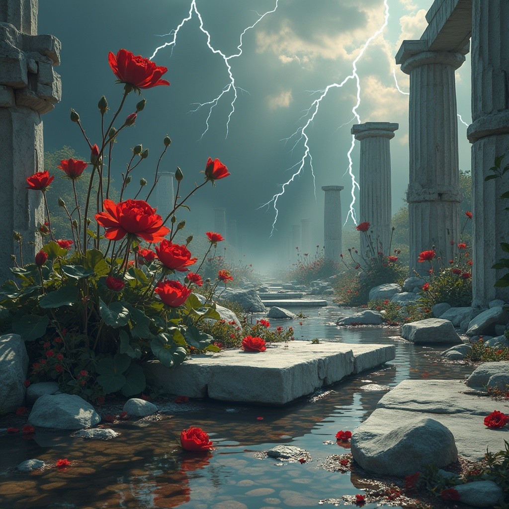 Ancient Columns and Roses Under Stormy Sky
