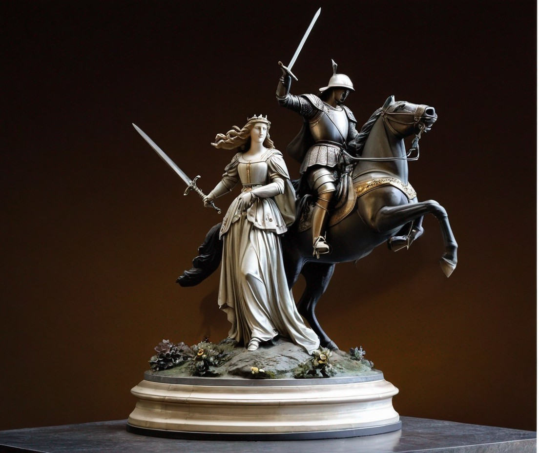 Knight and Regal Woman Sculpture in Armor on Horseback