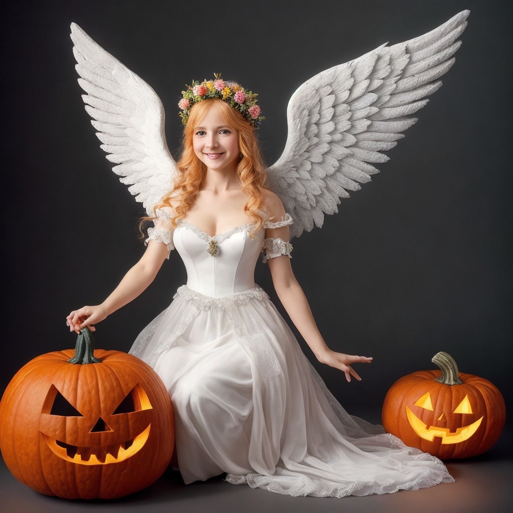 Angel in White Gown Surrounded by Cheerful Pumpkins
