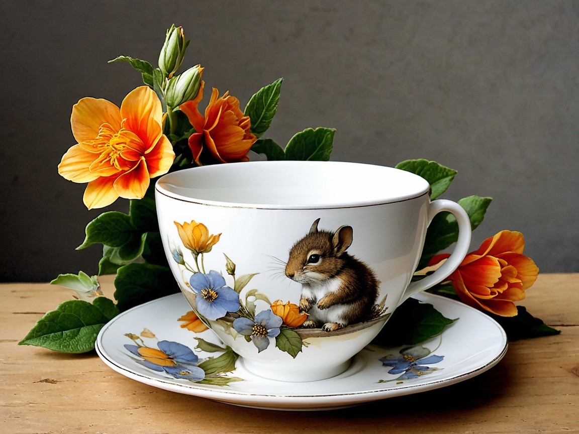 Porcelain Tea Cup and Saucer with Floral Chipmunk Design