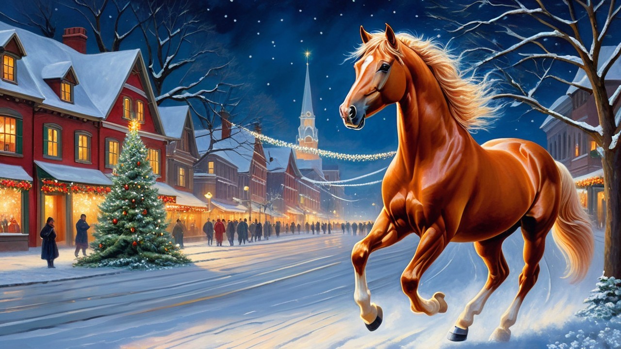 Sorrel horse galloping in a snowy decorated town