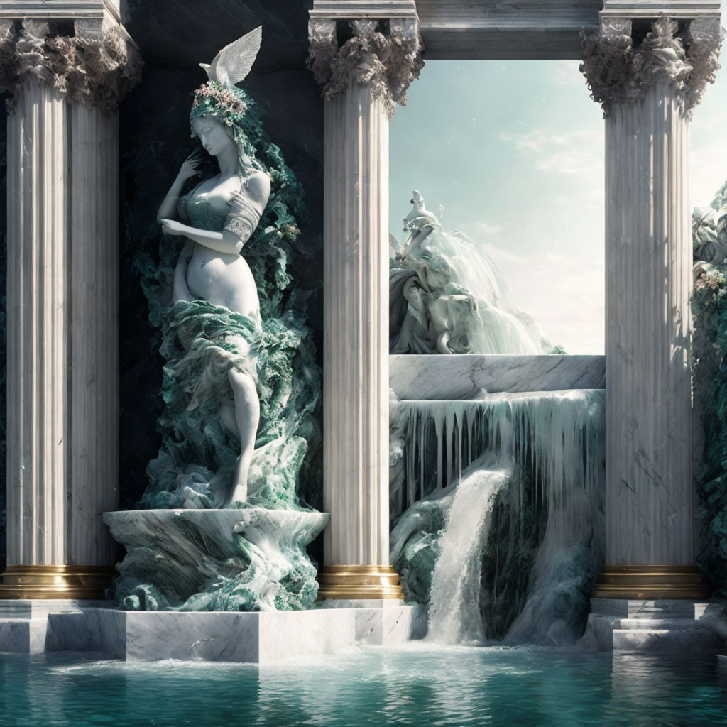 Marble Statue Amidst Classical Pillars and Waterfalls