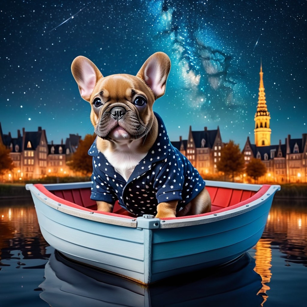French Bulldog in Boat with Cityscape at Night