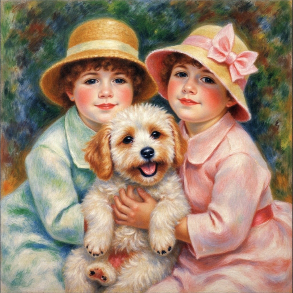 Two girls in pastel dresses with a puppy